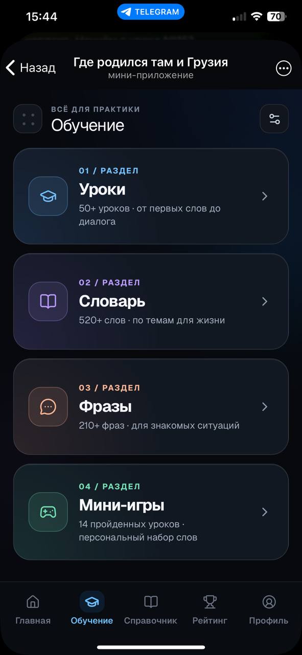 Настоящий экран приложения: уроки, словарь, фразы и мини-игры